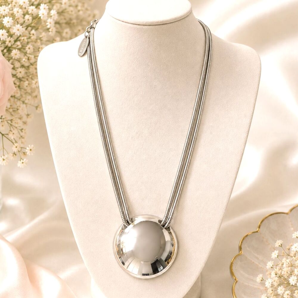 Chico's Silver Tone Large Dome Circle Pendant Statement Necklace 18" - Picture 3 of 8